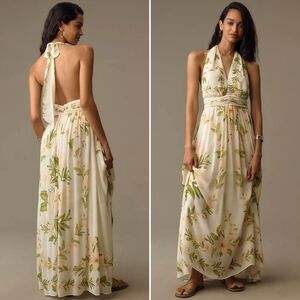 Farm Rio x Anthropologie, V-Neck Floral Chiffon Halter Maxi Dress